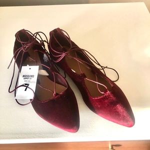 Brand new, velvet maroon, lace up flats